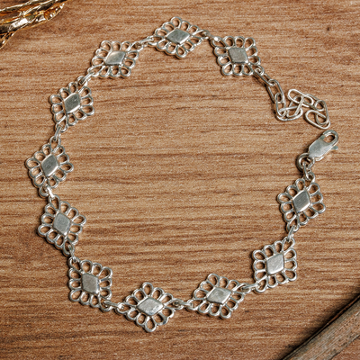 Pulsera de eslabones de plata de ley - Pulsera de eslabones de plata 925 calada con motivos florales y geométricos
