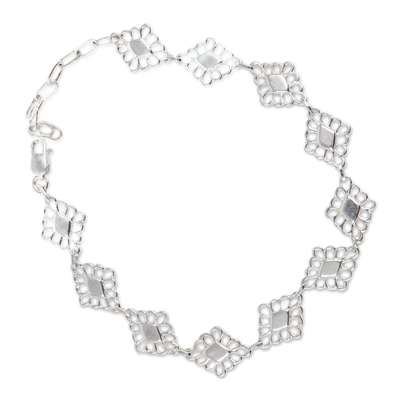 Pulsera de eslabones de plata de ley - Pulsera de eslabones de plata 925 calada con motivos florales y geométricos