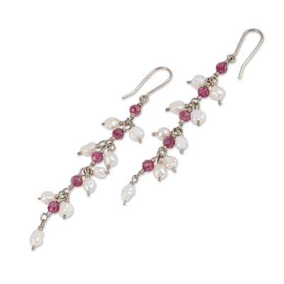 Spinel and cultured pearl beaded dangle earrings, 'True Heaven' - Natural Spinel and Cream Pearl Beaded Dangle Earrings