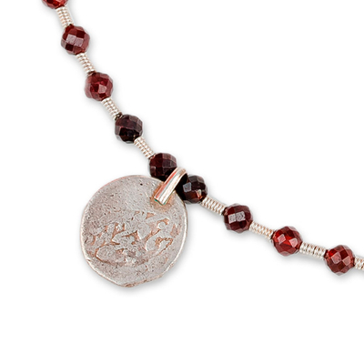 Garnet choker pendant necklace, 'Passion from the Road' - Bukhara Emirate Coin and Garnet Choker Pendant Necklace