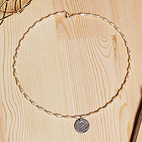 Cultured pearl choker pendant necklace, 'Loyalty from the Road' - Bukhara Emirate Coin and Biwa Pearl Choker Pendant Necklace
