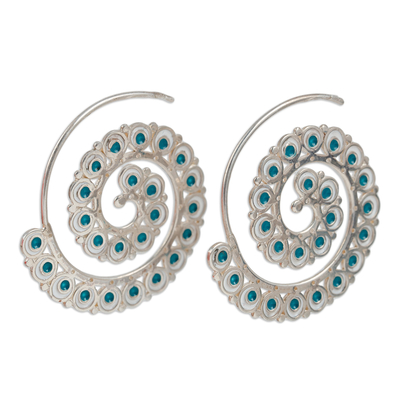 Sterling silver half-hoop earrings, 'Uzbekistan's Nimbus' - Peacock-Inspired Teal Sterling Silver Half-Hoop Earrings