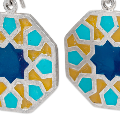 Sterling silver dangle earrings, 'Palace Mosaics' - Classic Geometric Painted Sterling Silver Dangle Earrings