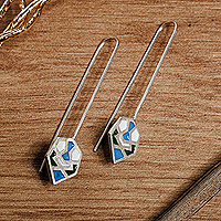 Sterling silver drop earrings, 'Hexagonal Mosaic' - Hand-Painted Mosaic-Style Geometric 925 Silver Drop Earrings