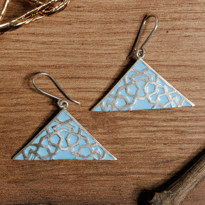 Sterling silver dangle earrings, 'Modern Triangle' - Modern Hand-Painted Sterling Silver Triangle Dangle Earrings