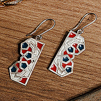 Sterling silver dangle earrings, 'Abstract Mosaic' - Hand-Painted Mosaic-Style Sterling Silver Dangle Earrings