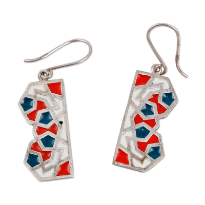 Sterling silver dangle earrings, 'Abstract Mosaic' - Hand-Painted Mosaic-Style Sterling Silver Dangle Earrings