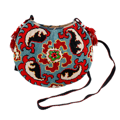 Embroidered silk sling, 'Iroqi Arcadia in Red' - Iroqi Embroidered Floral Silk Sling in Red and Blue