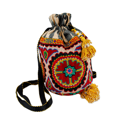Eslinga con cordón de seda bordada - Bolso bandolera de seda floral bordado Iroqi con borlas