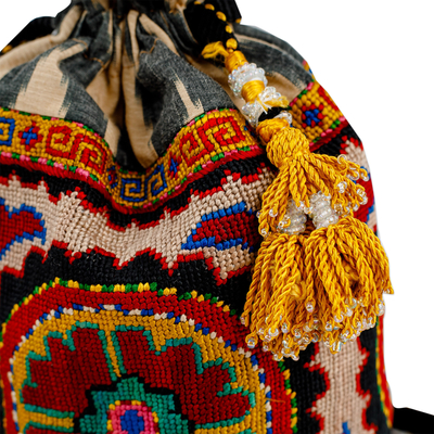 Eslinga con cordón de seda bordada - Bolso bandolera de seda floral bordado Iroqi con borlas