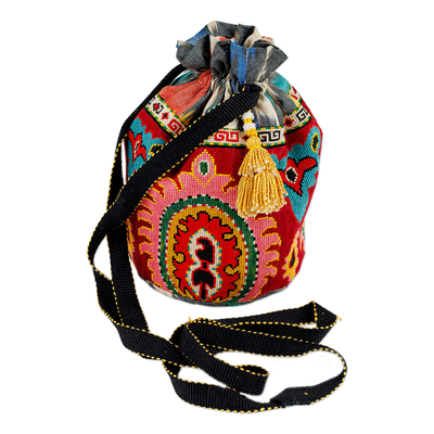 Embroidered silk drawstring sling, 'Classic Spirit' - Iroqi Embroidered Classic Silk Drawstring Sling with Tassels