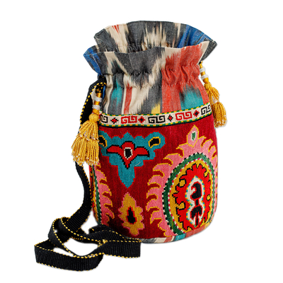 Embroidered silk drawstring sling, 'Classic Spirit' - Iroqi Embroidered Classic Silk Drawstring Sling with Tassels