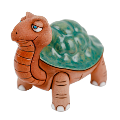 estatuilla de ceramica - Figura de cerámica de tortuga verde y marrón hecha a mano
