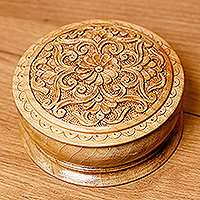 Wood jewelry box, 'Circle of Splendor' - Traditional Handmade Floral Round Walnut Wood Jewelry Box