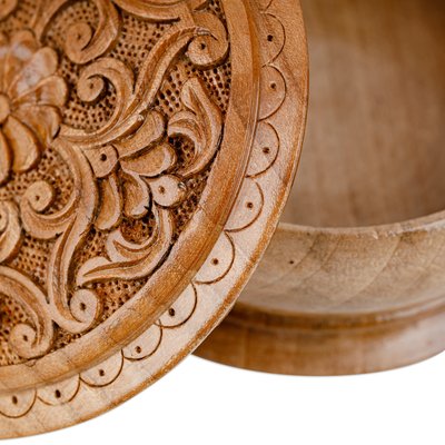 Wood jewellery box, 'Circle of Splendor' - Traditional Handmade Floral Round Walnut Wood jewellery Box