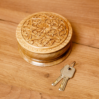 Wood jewellery box, 'Circle of Splendor' - Traditional Handmade Floral Round Walnut Wood jewellery Box