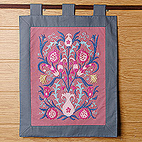 Embroidered cotton wall hanging, 'Suzani Sweetness' - Embroidered Floral Cotton Wall Hanging in Pink and Blue