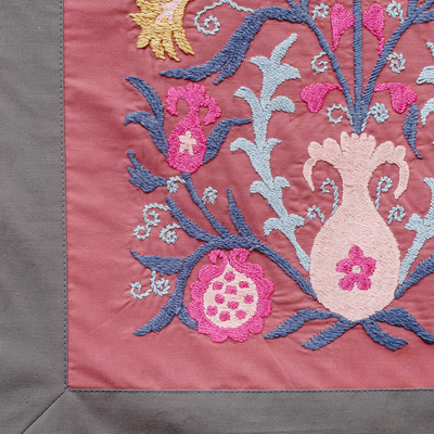 Embroidered cotton wall hanging, 'Suzani Sweetness' - Embroidered Floral Cotton Wall Hanging in Pink and Blue