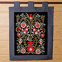 Embroidered cotton wall hanging, 'Suzani Night' - Embroidered Floral Cotton Wall Hanging in Black and Green