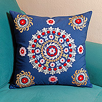 Hand-embroidered suzani cotton cushion cover, 'Chic Mandala' - Hand-Embroidered Suzani Cotton Mandala Cushion Cover in Blue