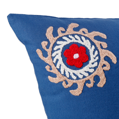 Funda de cojín de algodón suzani bordada a mano - Funda de cojín Mandala de algodón Suzani bordada a mano en azul