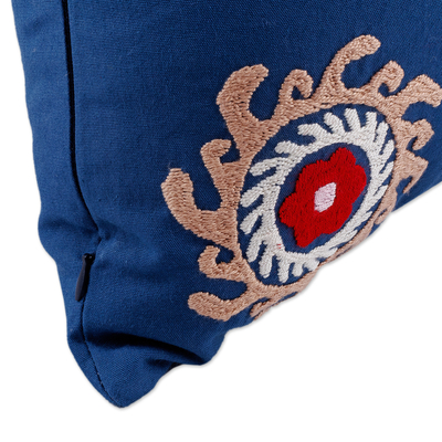 Funda de cojín de algodón suzani bordada a mano - Funda de cojín Mandala de algodón Suzani bordada a mano en azul