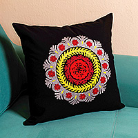 Hand-embroidered suzani cotton cushion cover, 'Mandala Glam' - Black Hand-Embroidered Suzani Cotton Mandala Cushion Cover