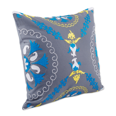 Hand-embroidered suzani cotton cushion cover, 'Pomegranate on Grey' - Hand-Embroidered Suzani Cotton Pomegranate Cushion Cover
