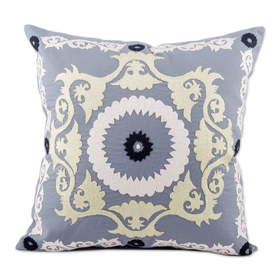Hand-embroidered suzani cotton cushion cover, 'Tajik Art' - Hand-Embroidered Suzani Cotton Cushion Cover in Grey