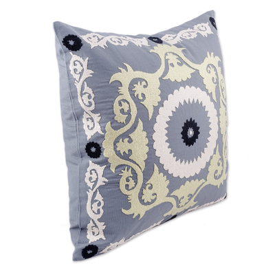 Hand-embroidered suzani cotton cushion cover, 'Tajik Art' - Hand-Embroidered Suzani Cotton Cushion Cover in Grey