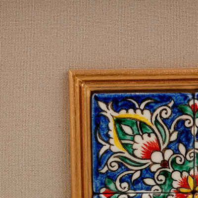 Arte de pared de mosaico de cerámica - Arte de pared floral y de hojas de mosaico de cerámica pintado a mano enmarcado