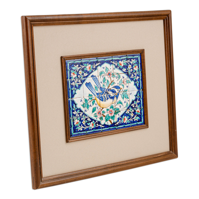 Ceramic mosaic wall art, 'Uzbek Flora and Fauna' - Bird and Floral Themed Hand-Painted Ceramic Mosaic Wall Art