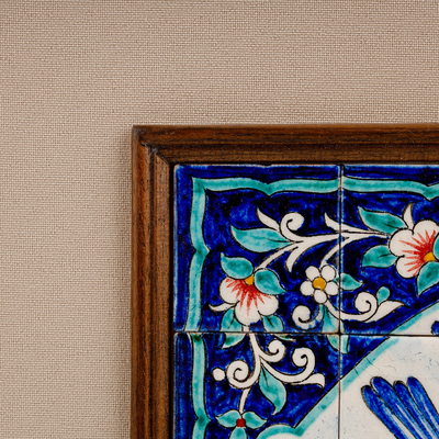 Ceramic mosaic wall art, 'Uzbek Flora and Fauna' - Bird and Floral Themed Hand-Painted Ceramic Mosaic Wall Art