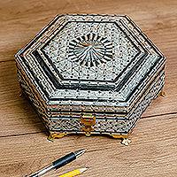 Wood and mixed metal jewellery box, 'Chic Hexagon' - Handmade Wood Tin & aluminium jewellery Box with Brass Accents