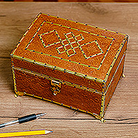 Embossed leather and brass jewelry box, 'Floral Geometry' - Wood Embossed Leather & Tin Jewelry Box with Brass Fixtures