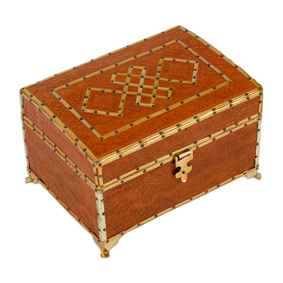 Embossed leather and brass jewelry box, 'Floral Geometry' - Wood Embossed Leather & Tin Jewelry Box with Brass Fixtures