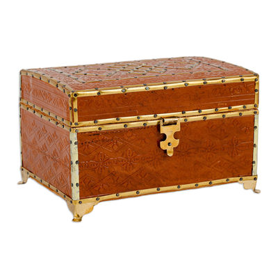 Embossed leather and brass jewellery box, 'Floral Geometry' - Wood Embossed Leather & Tin jewellery Box with Brass Fixtures