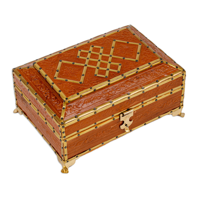 Embossed leather jewellery box, 'Floral Rhombuses' - Handcrafted Wood Embossed Leather Tin & Brass jewellery Box