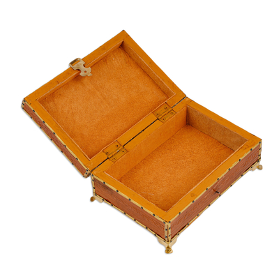 Embossed leather jewelry box, 'Floral Rhombuses' - Handcrafted Wood Embossed Leather Tin & Brass Jewelry Box