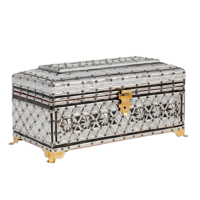 Wood and metal jewelry box, 'Splendid Sandiq' - Rectangular Wood Jewelry Box with Tin Aluminum Brass Accents