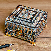 Wood, aluminum and brass jewelry box, 'Square Sandiq' - Handmade Square Wood Tin Aluminum and Brass Jewelry Box