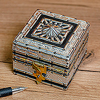 Wood, aluminum and tin jewelry box, 'Magical Square' - Square Wood Jewelry Box with Tin Aluminum and Brass Accents