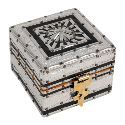 Wood, aluminum and tin jewelry box, 'Magical Square' - Square Wood Jewelry Box with Tin Aluminum and Brass Accents