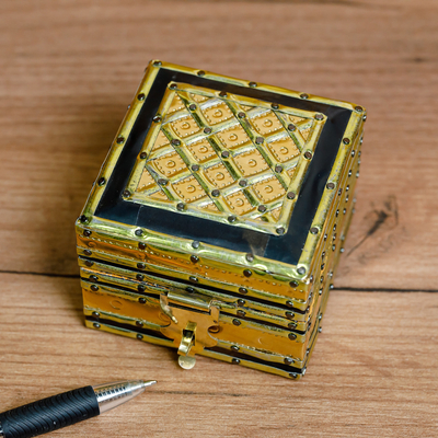 Wood, brass and tin jewellery box, 'Resplendent Square' - Handcrafted Wood Brass & Tin jewellery Box with Leather Lining