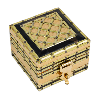 Wood, brass and tin jewelry box, 'Resplendent Square' - Handcrafted Wood Brass & Tin Jewelry Box with Leather Lining