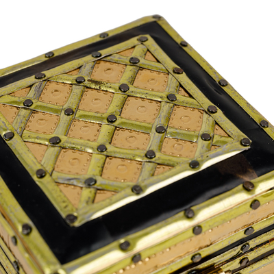 Wood, brass and tin jewellery box, 'Resplendent Square' - Handcrafted Wood Brass & Tin jewellery Box with Leather Lining