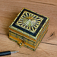 Wood, brass and tin jewelry box, 'Majestic Square' - Handmade Leather-Lined Wood Brass and Tin Jewelry Box