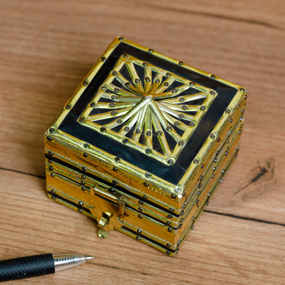 Wood, brass and tin jewellery box, 'Majestic Square' - Handmade Leather-Lined Wood Brass and Tin jewellery Box