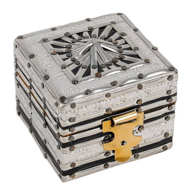 Wood, aluminium and tin jewellery box, 'Petite Square' - Petite Wood jewellery Box with Tin aluminium and Brass Accents