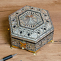 Wood, aluminum and tin jewelry box, 'Fabulous Hexagon' - Handcrafted Wood Jewelry Box with Tin Aluminum Brass Accents